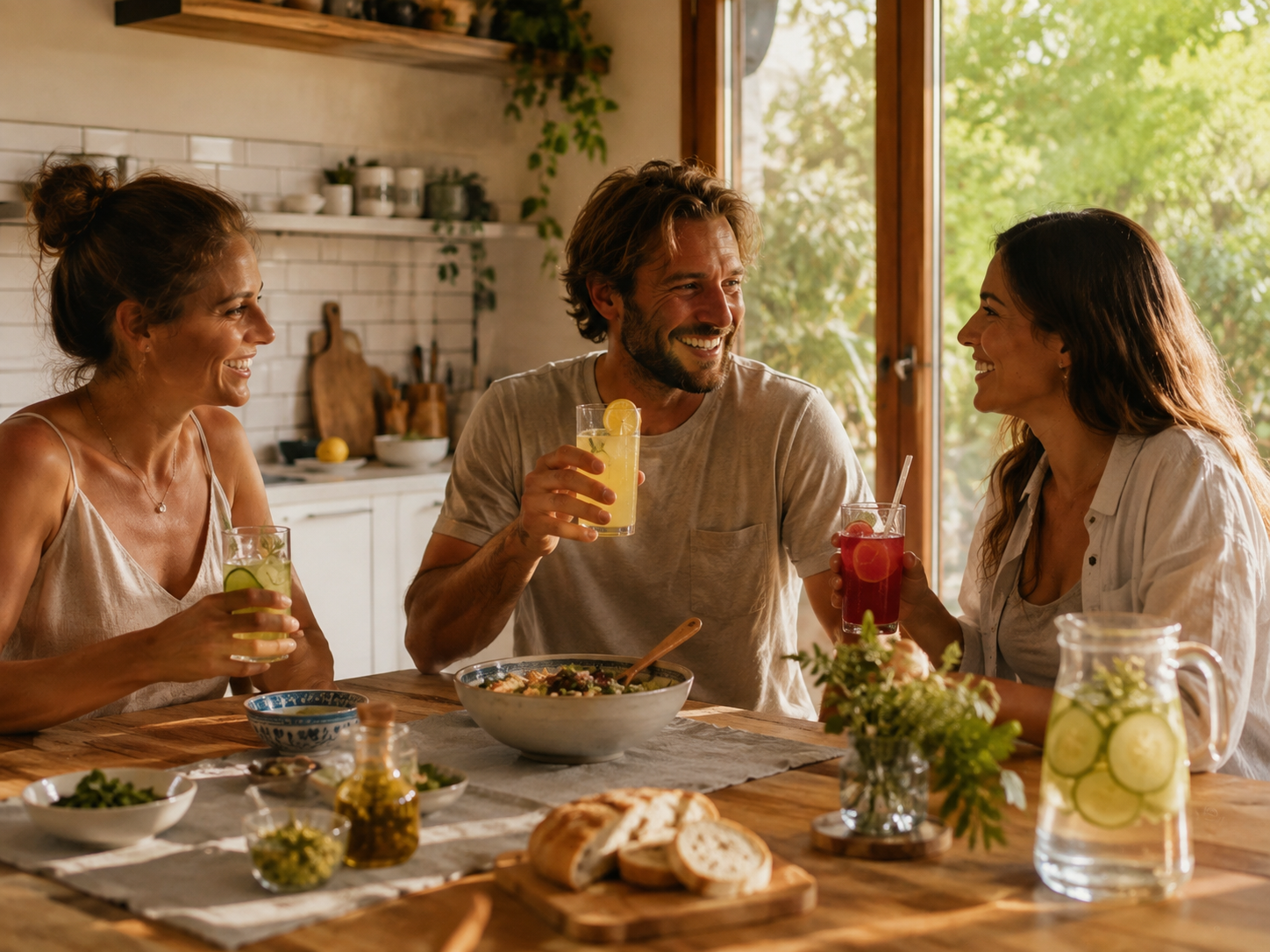 Adultos compartiendo comida y bebidas en una mesa cotidiana