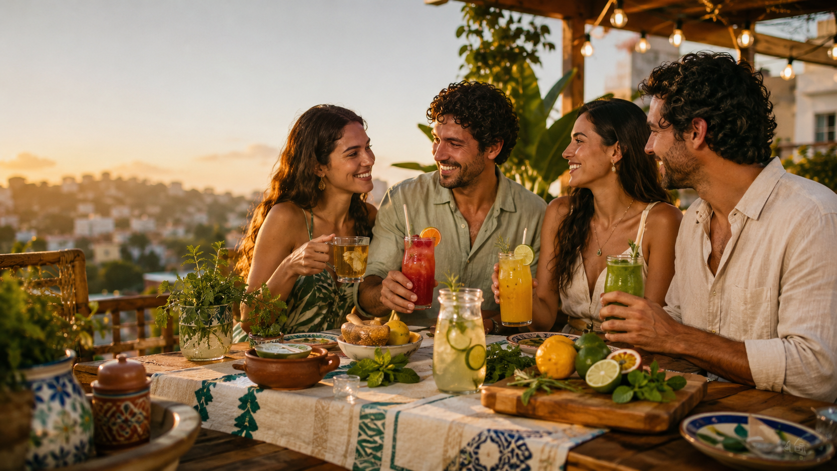 Personas adultas compartiendo bebidas funcionales de inspiración internacional